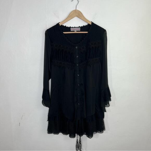 Pretty Angel Black Layered Lace Silk Blend Button Down Dress Size Small - Picture 1 of 13